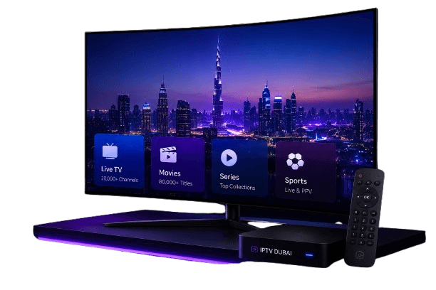 IPTV Dubai streaming on a premium 4K Smart TV — Live TV, Movies, Series and Sports, with the IPTV Dubai box and remote